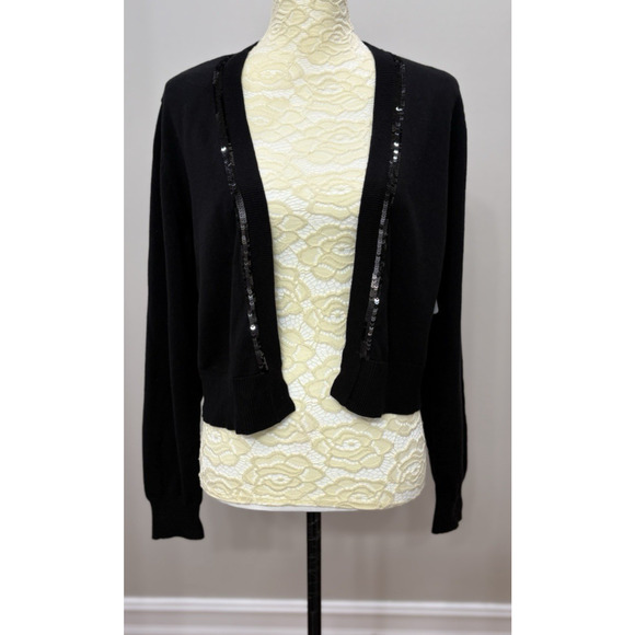 Jason Wu Large Black Cropped Open Front Sequin Cardigan Sweater Classic‎ NWT - Picture 1 of 13